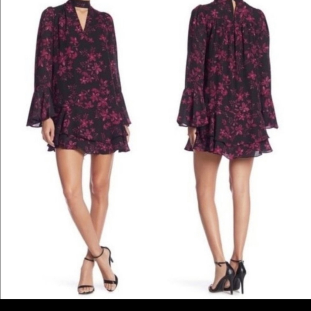 Parker black dark purple floral mock neck bell sleves - Picture 2 of 16